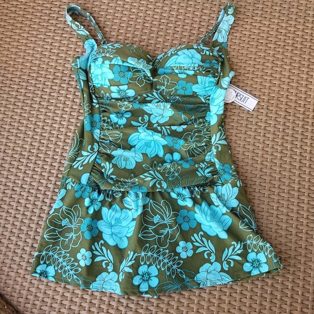 Pursuit Olive Green and Turquoise One-Piece Skirted Swimsuit Tummy Control 12